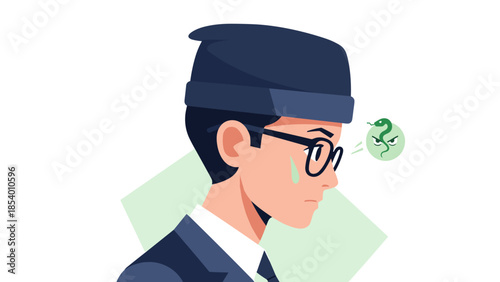 Businessman with concerned expression and thought bubble featuring snake