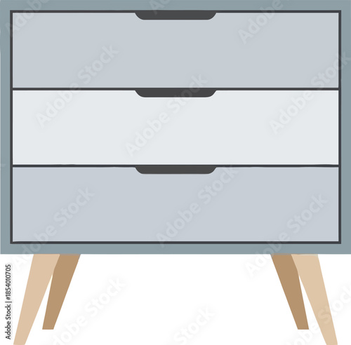 A modern three-drawer chest of drawers with tapered wooden legs and minimalist design