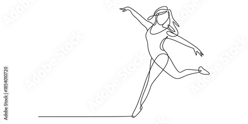 Elegant single line drawing of a female dancer gracefully leaping with artistic flow