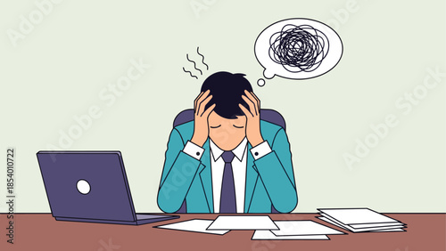 Frustrated office worker with stressful thoughts at desk