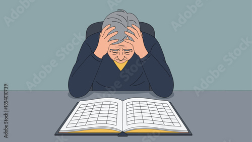 Elderly man struggling with puzzle book at desk in contemplative mood