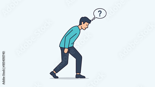 Pensive person walking with question mark thought bubble in modern flat design