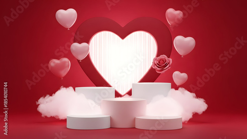 3d rendering of valentines day podium display with hearts and rose on red background