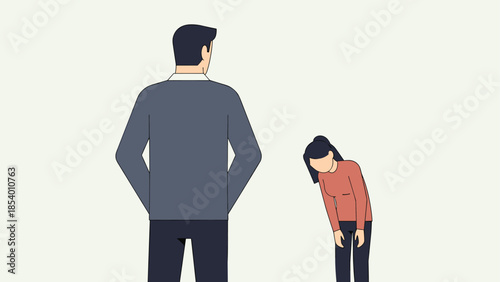 Apology gesture: woman bowing to man in minimalist art style
