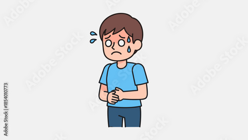 Anxious cartoon boy sweating and nervous in blue shirt