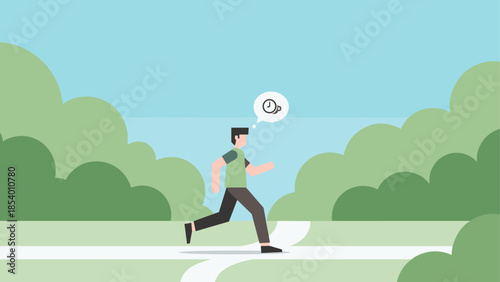 Person jogging in park thinking of coffee in minimalist style