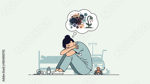 Mental health concept: nurse depressed at work with overwhelmed thoughts and burnout signs