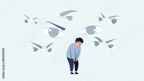 Overwhelmed individual surrounded by watchful eyes expressing anxiety and social pressure in flat style