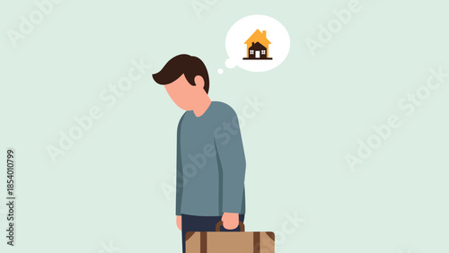 Contemplative man with luggage and home thought bubble