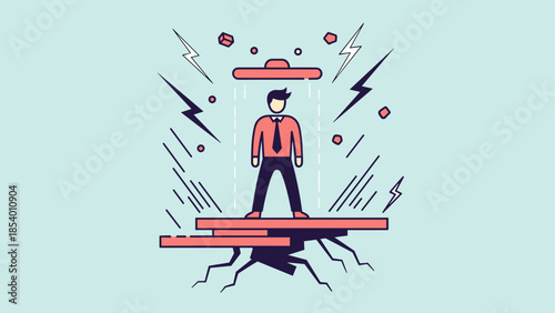 Minimalist linear ufo encounter: businessman abducted amid electric energy and floating platform