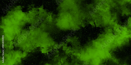 Abstract background with green paint brush strokes. green smoke overlays black background. Vintage retro vapor black vector design.