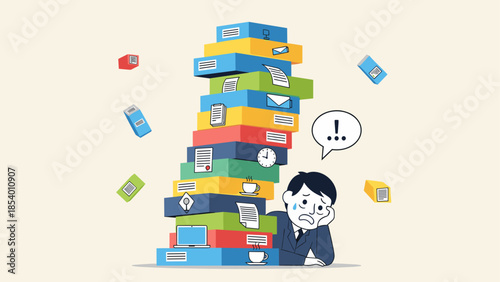 Overwhelmed worker with tall stack of colorful office supplies and documents