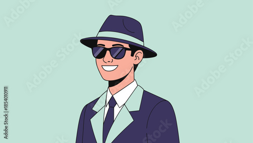 Smiling man in suit and hat with sunglasses on pastel background