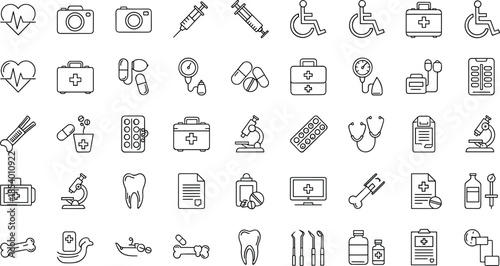 Medical and hospital line icon set featuring healthcare equipment, treatment tools, emergency symbols, diagnostics, pharmacy items and patient care elements
