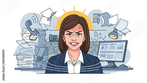 Stressed businesswoman surrounded by office chaos in modern cartoon style