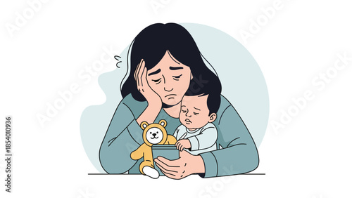 Tired mother holding sleeping baby with toy in flat design
