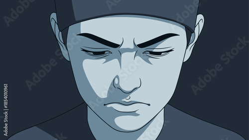 Monochrome portrait of serious person in cap with downturned head