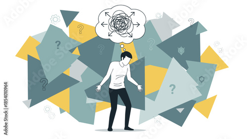 Confused person in abstract geometric background with thought bubble