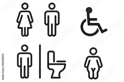 Collection of public restroom and bathroom signs for gender neutrality and accessibility featuring icons for men women accessible restroom shower and toilet facilities 