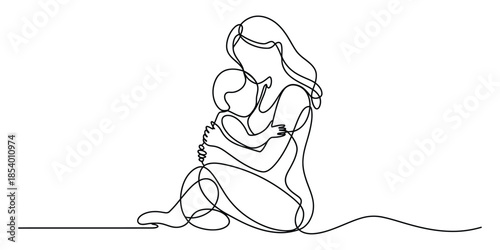 Continuous line drawing of a mother tenderly embracing her beloved baby