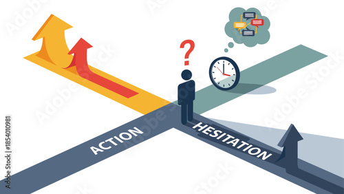 Decision-making concept with person at crossroads facing dilemma and choices