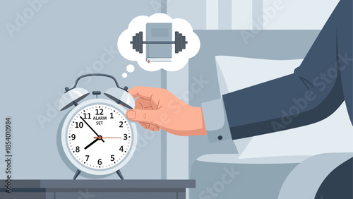 Morning motivation: alarm clock awakens for workout routine with fitness dream