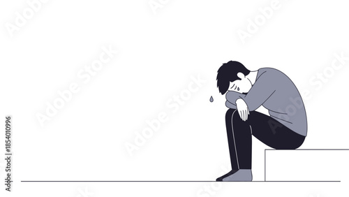 Minimalist sadness concept with man sitting alone in monochrome