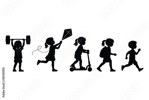 Silhouette series depicting children engaged in various physical activities