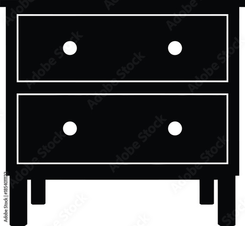 A simple black and white icon of a two-drawer chest or nightstand for bedroom storage