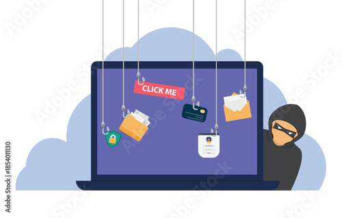 Phishing scam concept. Fraud protection, password steal, data phishing. Hacker, scammer trying to steal confidential data