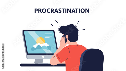 Man procrastinating at computer desk with sunrise on screen