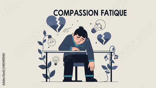 Compassion fatigue concept: tired person at desk with broken hearts and light bulbs
