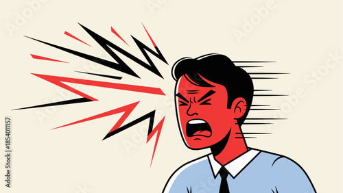 Retro style comic angry man yelling with red and black lightning bolts