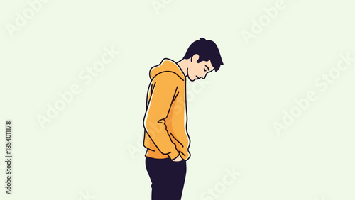 Thoughtful young man in hoodie facing downward on pale background