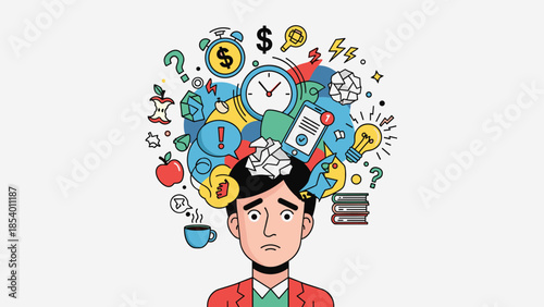 Overwhelmed mind concept with symbols of stress, work, and time management