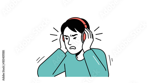 Frustrated person blocking noise with headphones in minimalist style