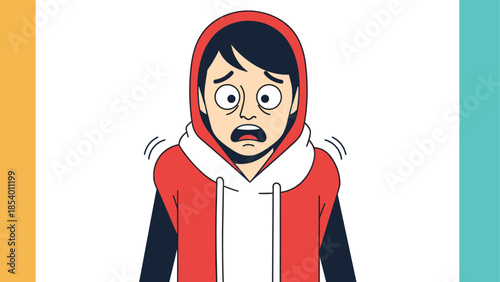 Shocked cartoon character in red hoodie with surprised expression