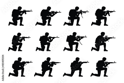 Silhouette group of soldiers kneeling and aiming their rifles