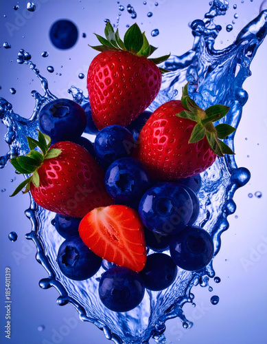 Fresh Strawberry and Blueberry Splash in Water for Beverage Ads