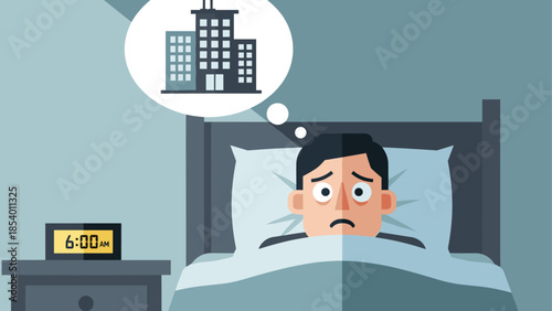 Anxious businessman in bed worrying about work with alarm clock