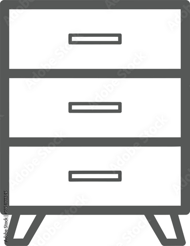 A minimalist line art icon of a three-drawer storage cabinet or dresser