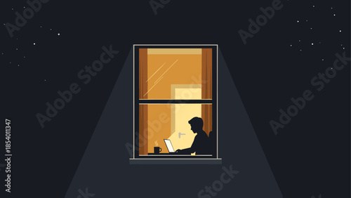 Silhouette of person working late at night inside cozy illuminated room
