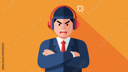Flat style angry businessman with headphones and folded arms on orange background