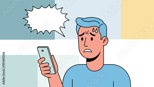 Worried person sweating while looking at smartphone with empty speech bubble