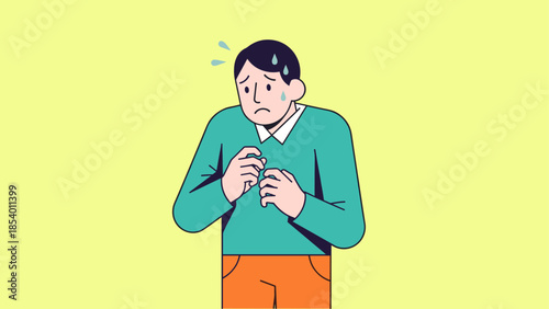 Anxious cartoon character sweating on pale yellow background
