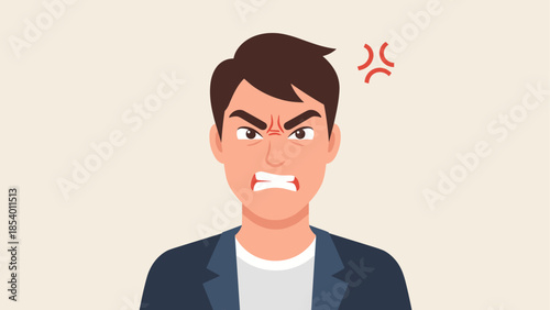 Angry man expression in flat style - frustrated male with frowning face and red angry symbol