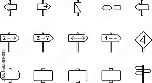 Road sign and direction line icon set featuring street signage, navigation arrows, traffic symbols, wayfinding boards and transportation guidance elements