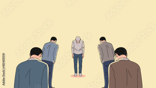 Businessmen standing in formation, head bowed in respectful gesture