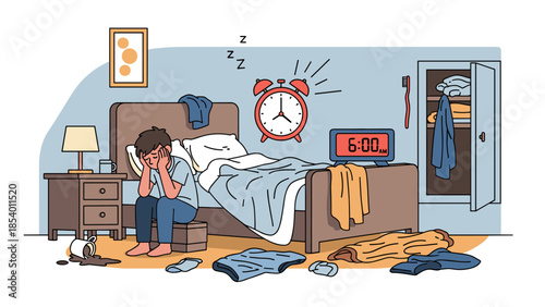 Morning madness in a messy bedroom: contemplative start amid disarray