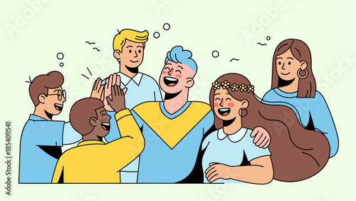 Group of friends celebrating together in colorful flat style